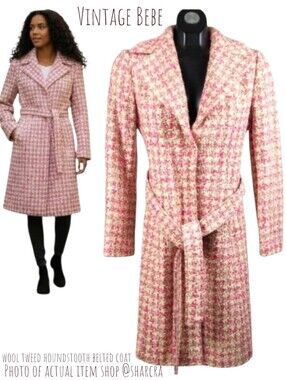 Vintage Bebe Women's wool  tweed houndstooth belted Long coat Cream pink Size XS